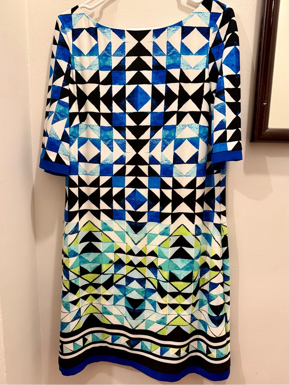 Eliza J Geometric Print Sheath Dress Size 14 Blue Black Lime Green Gold Zip